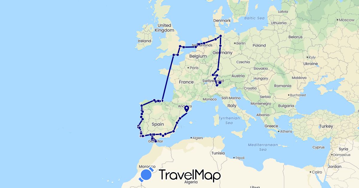 TravelMap itinerary: driving in Switzerland, Germany, Spain, United Kingdom, Gibraltar, Italy, Netherlands, Portugal (Europe)